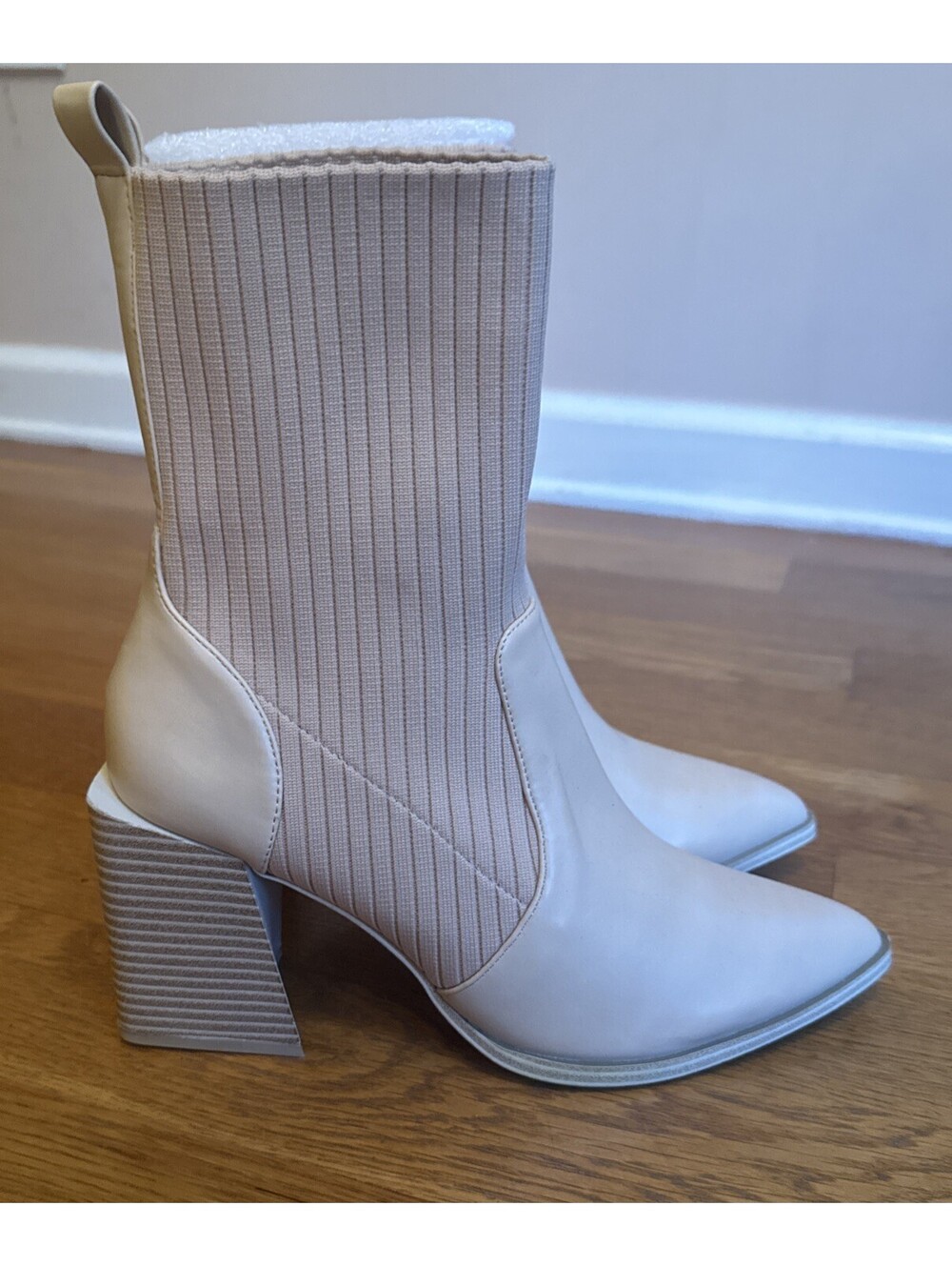 NEW Beige Ankle Sock Boots Booties Pointed Toe Block Heel Ladies 9.5